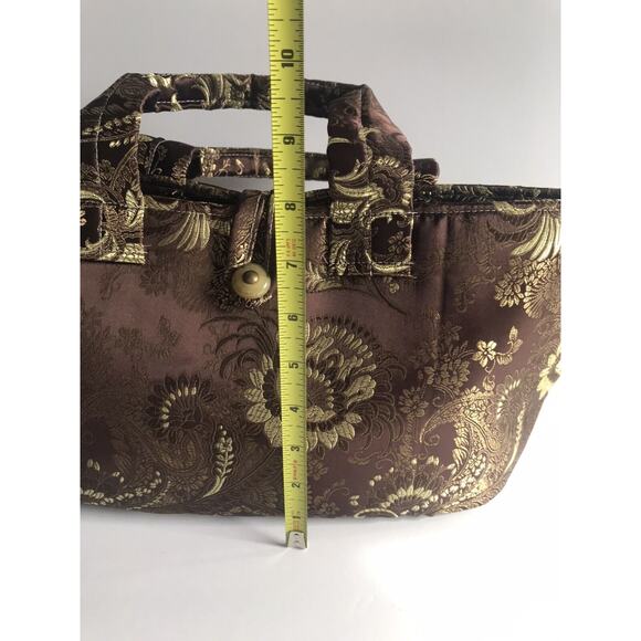 Vintage Purse Brocade Fabric Handbag Metallic Brown Gold Faux Marble Button - Picture 8 of 11